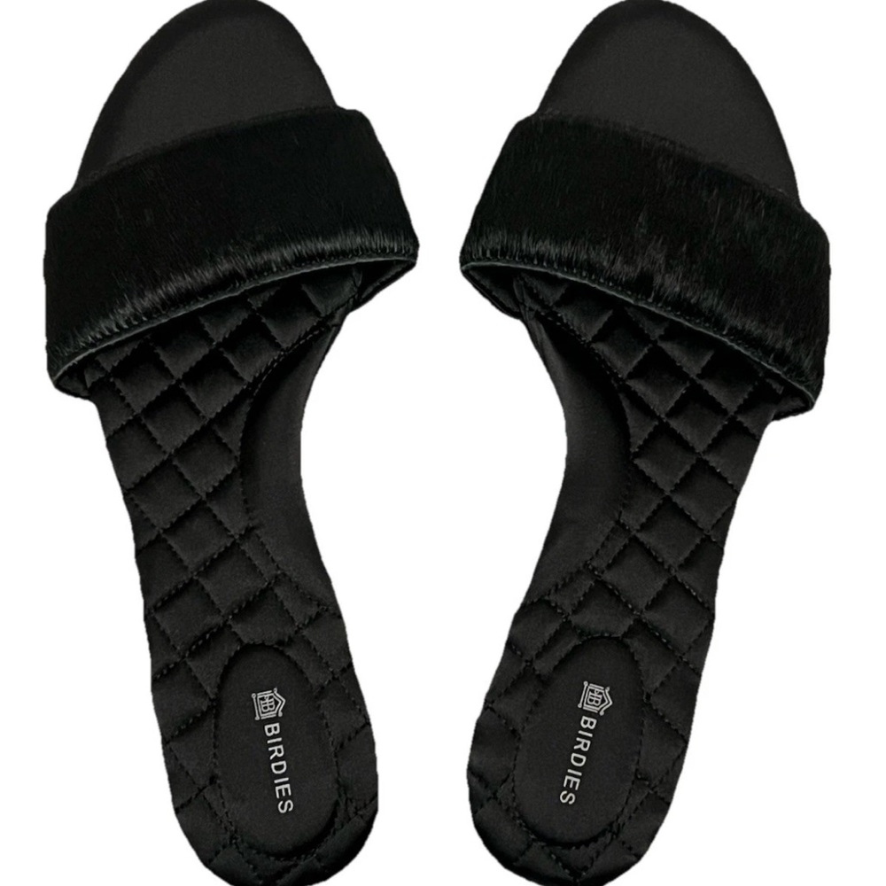 Birdies Sparrow Slides Slip On Calf Hair Black Sandals Quilted Insole 10.5